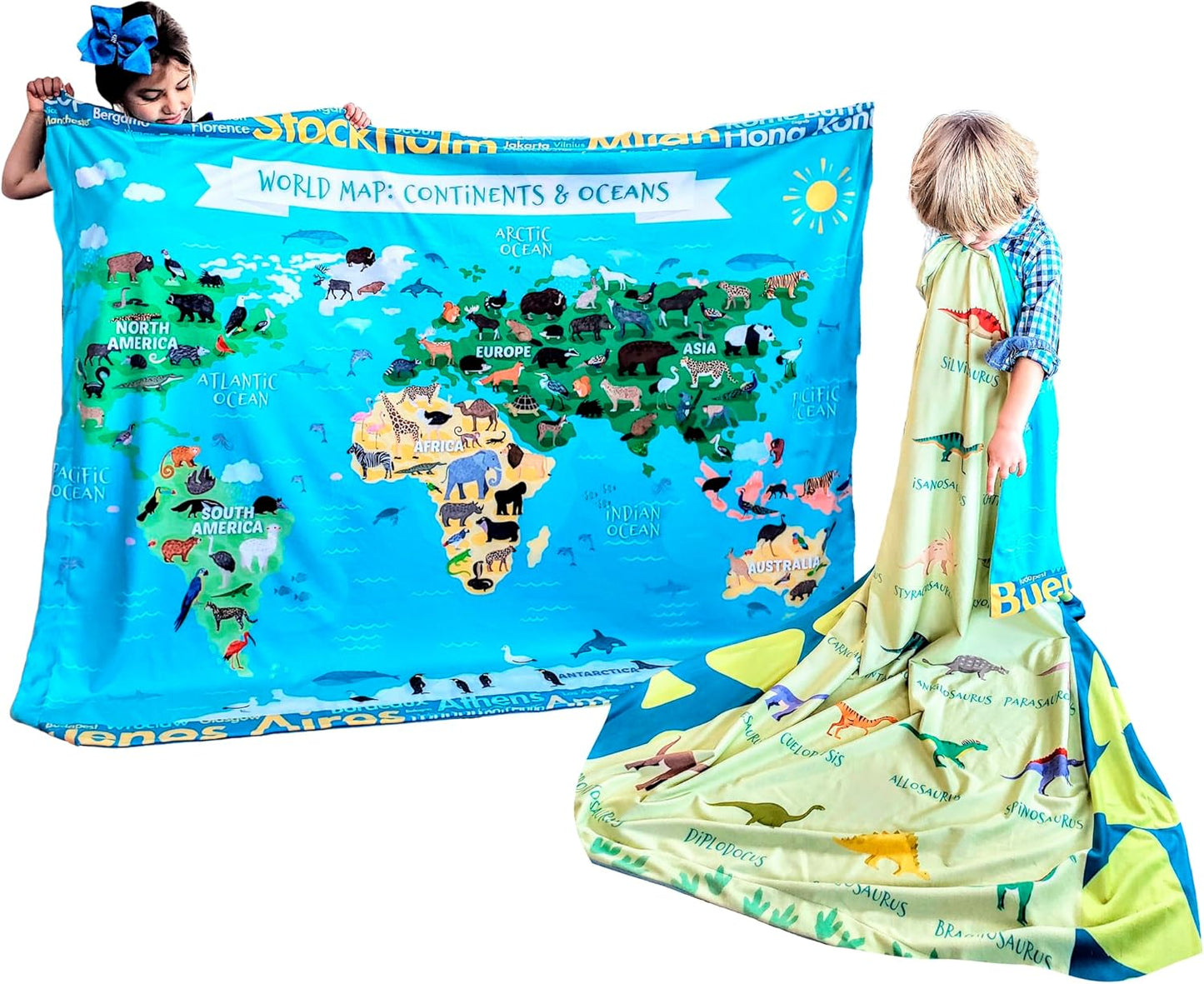Birdy Boutique – Learning Blanket® – Double-Sided Dinosaur MapBlanket for Kids – Throw 50" x 60" – Soft Minky Plush Educational Blanket for Kids – Prehistoric Species & World Map