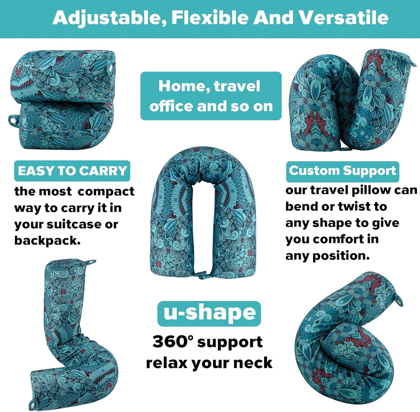 bvya Twist Memory Foam Travel Pillow for Neck, Chin, Lumbar and Leg Support-for Travling on Airplane, Train, Bus or at Home-Adjustable, Bendable Roll Pillow with Washable Cover