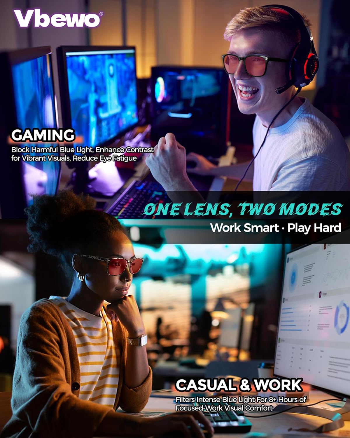2 Packs Professional Sleep Glasses with 99.9% Blue Light Blocking Dual AR Coatings Red Lens, Computer Gaming Glasses for Men Women, Anti Fatigue & Eye Strain