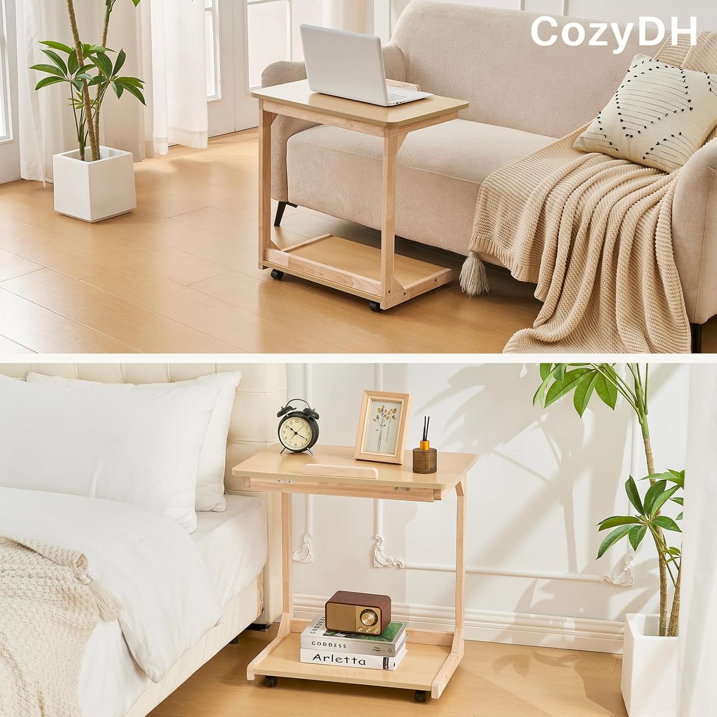 CozyDH Bedroom Side Table - Wooden End Tables Bedroom, C Shaped End Table with Wheels, Small Rolling Table for Bedside, Skinny Tray Desk for Sofa/Couch/Living Room, Natural