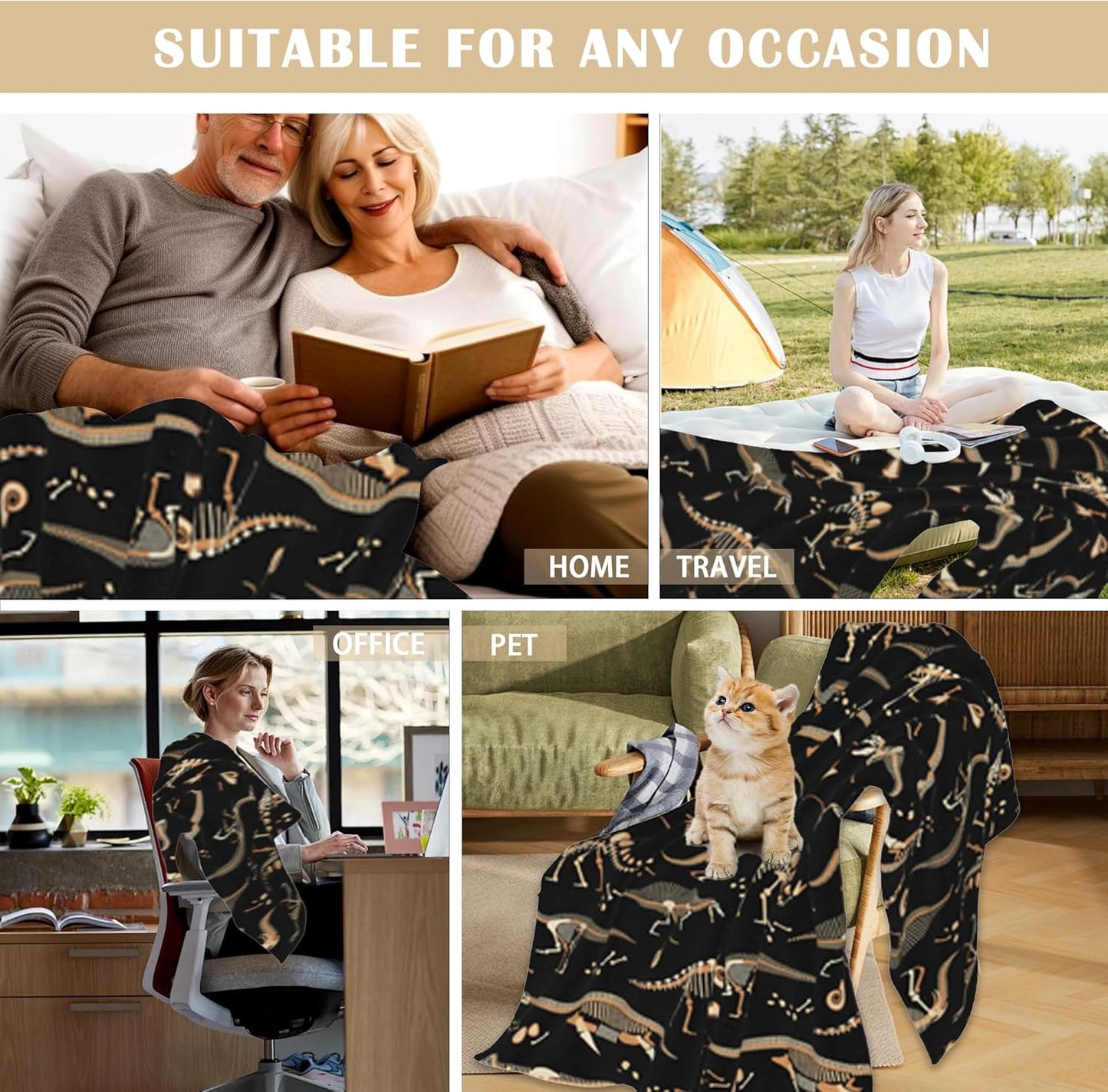 Dinosaur Fossil Skeleton Throw Blanket Soft Warm Cozy Lightweight Flannel Blanket for Bedding Sofa Travel 50"X60"