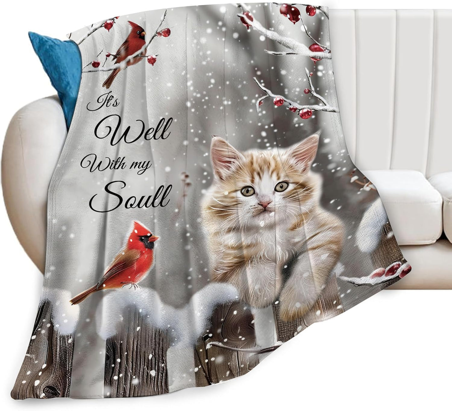 Cardinal Cat Blanket Christmas Decor Throw Blankets Cozy Fleece Flannel Soft Warm Plush Lightweight Bedding Blanket Cat Gifts for Women Cat Lover Men Adults Girls Boys for Couch Sofa Bed 40"X50"