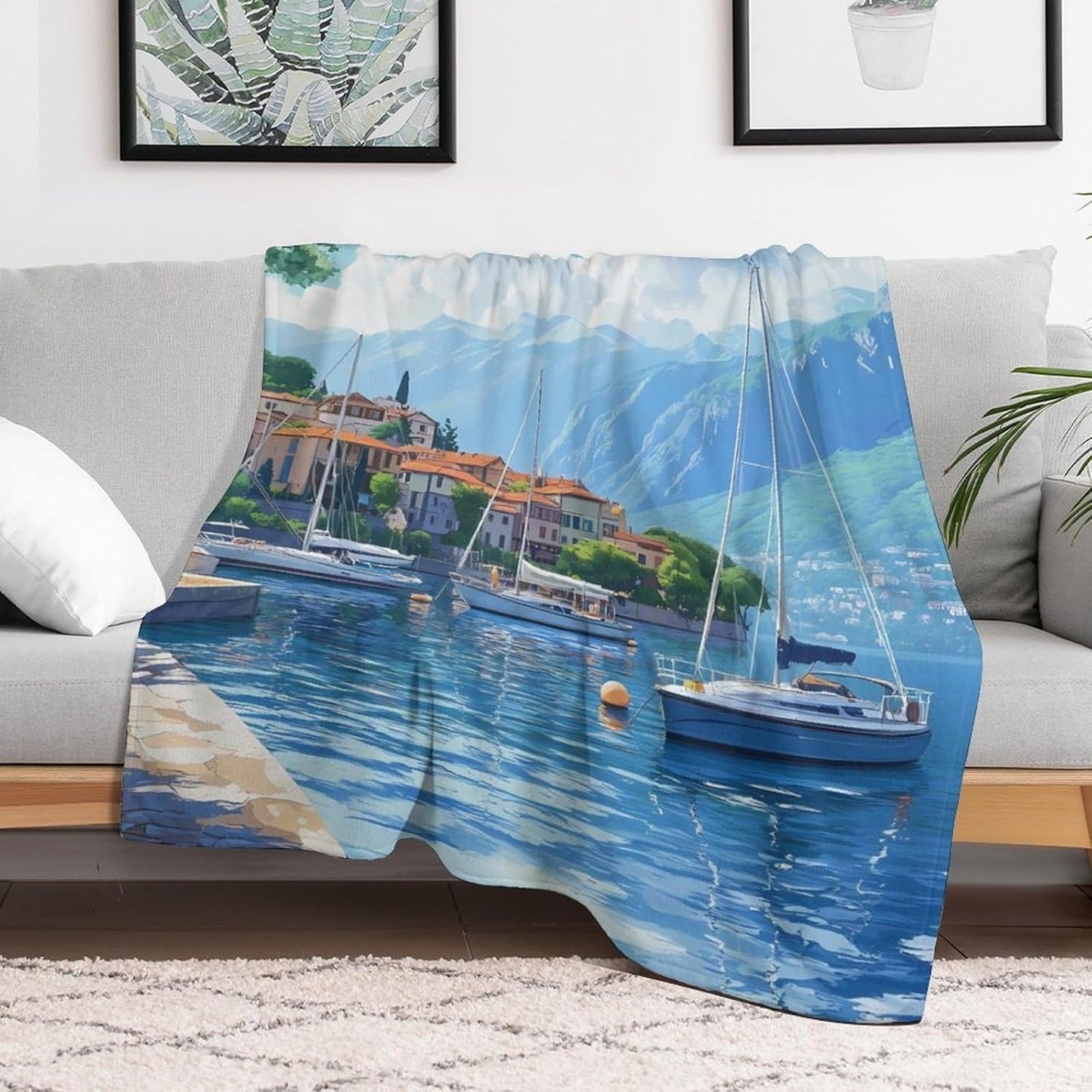 Italy Lake Como Boat Throw Blanket for Couch Bed Plush Cozy Fuzzy Flannel Blanket for All Season 55"x70"