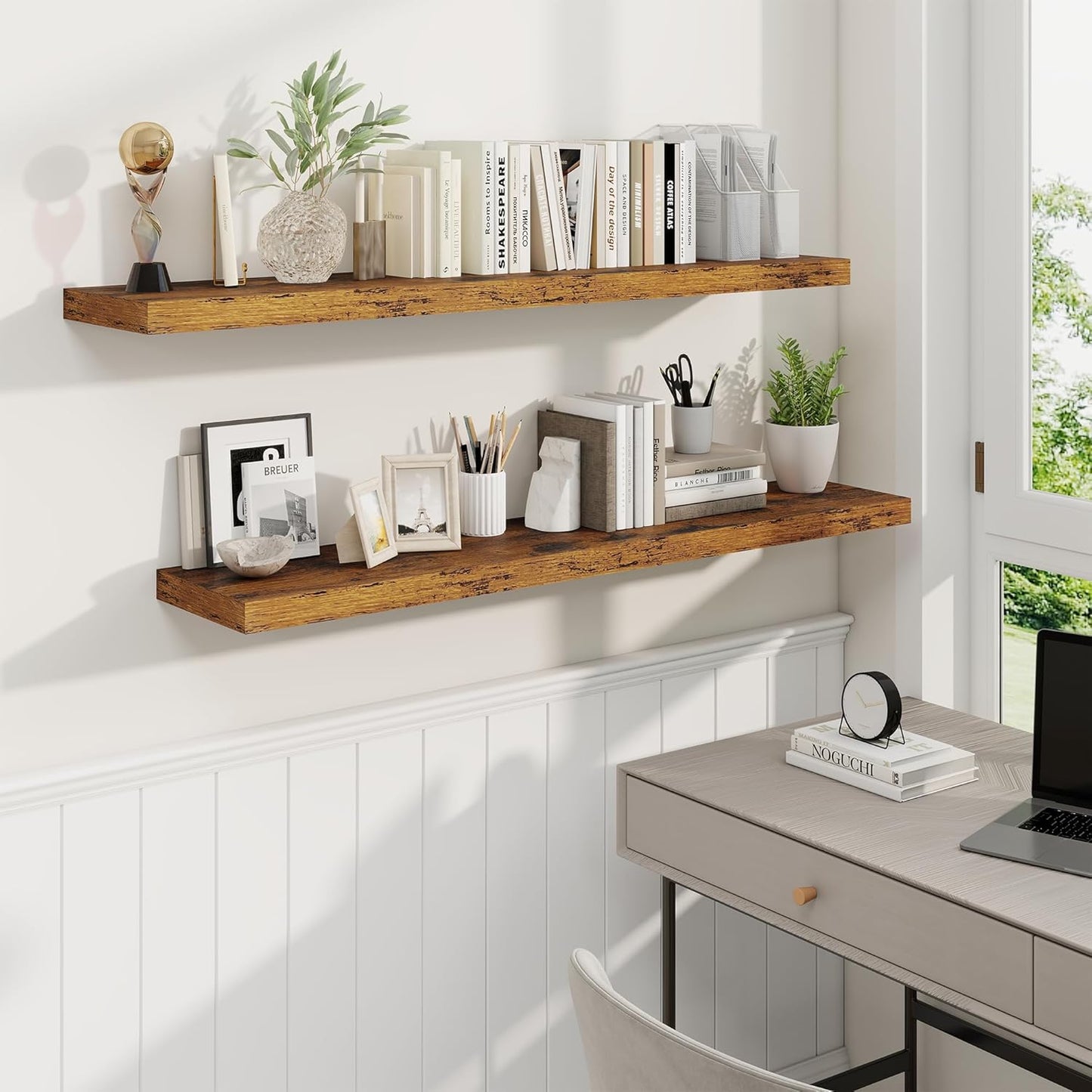 Fun Memories 48 Inch Brown Floating Shelves, 9.3 Inch Deep Wall Shelves for Living Room|Bedroom|Kitchen, Rusitc Wall Mounted Bathroom Shelves 2 Pack, Heavy-Duty Deep Shelf for Books，Decor