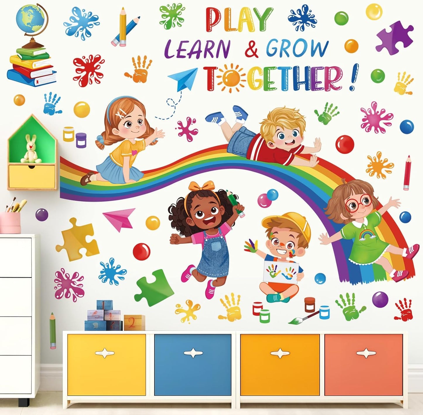 wondever Reading Corner Rainbow Wall Stickers Kids Inspirational Quotes Handprint Peel and Stick Wall Art Decals for Kids Room Reading Room Classroom