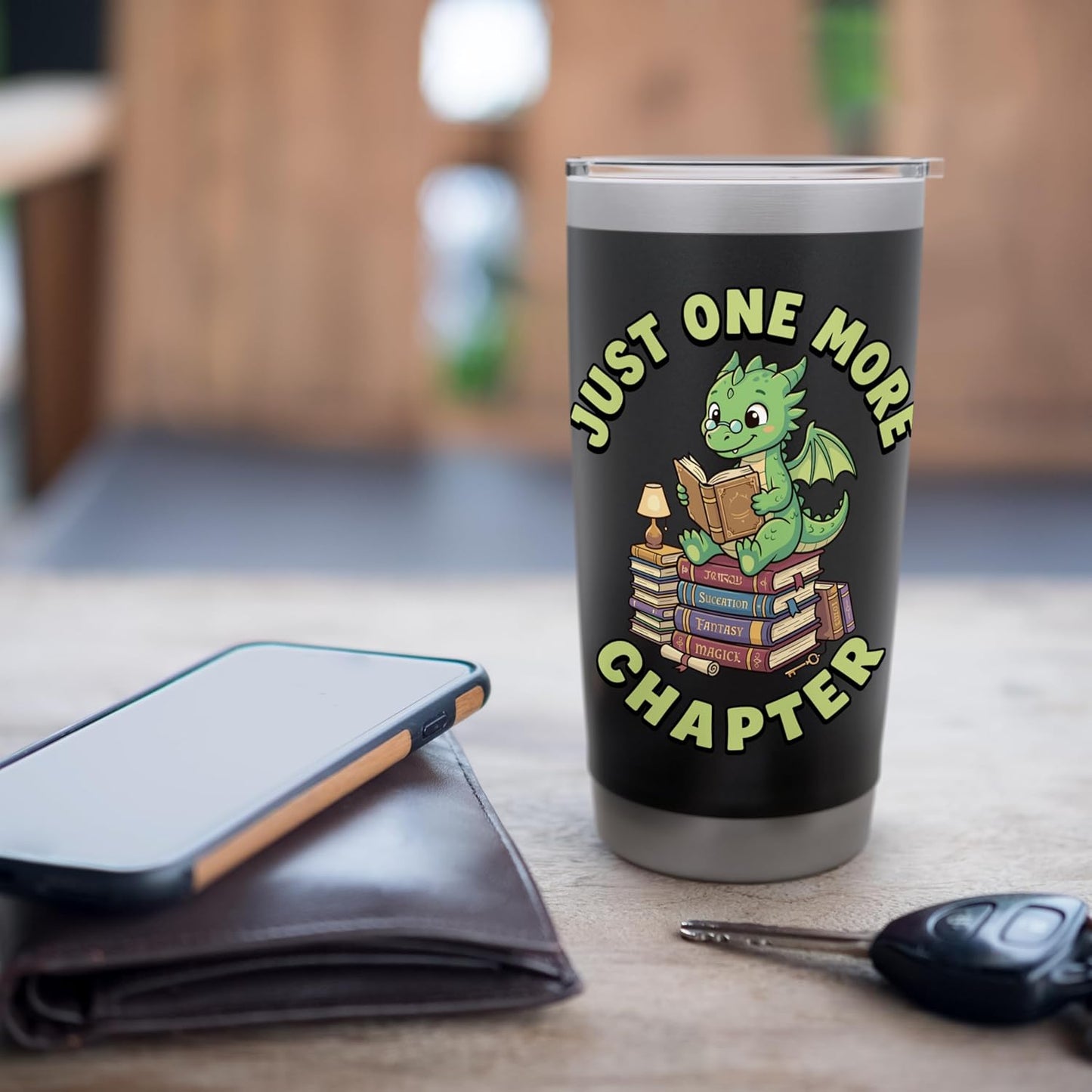 Just “One” More Chapter, Cute Dragon Bookworm Reader Stainless Steel Insulated Tumbler