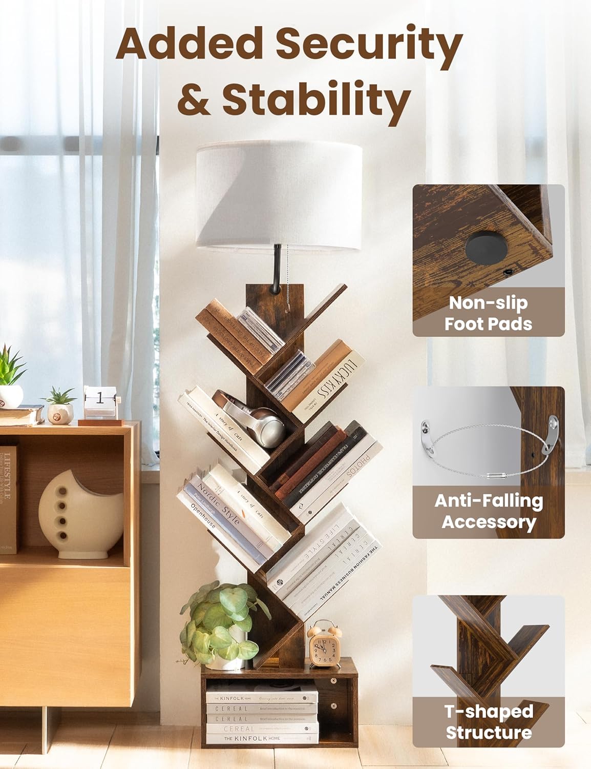 6 Tier Tree Bookshelf with Light, Corner Tall Narrow Bookshelf, Small Bookcase with Storage Cabinet,Floor Standing Bookshelves Organizer for Bedroom/Living Room/Home Office, Rustic Brown