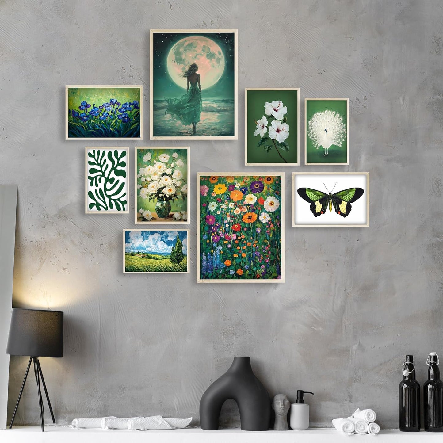 Eastern Print Eclectic Green Wall Art, Set Of 9 Pcs Unframed Posters, Vintage Room Decor Coquette, Green Painting Home Decor, Vintage Eclectic Wall Art Prints For Bedroom, Living Room, UNFRAMED