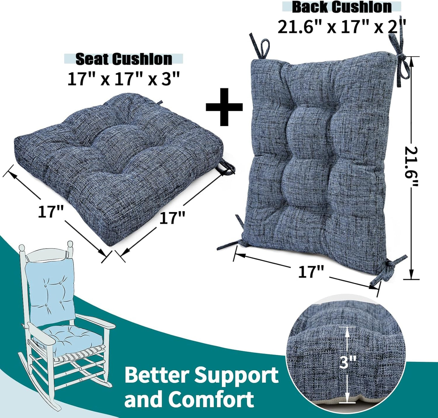 SINOSSO Rocking Chair Cushion Set with Thick Padding, Back Pillow & Seat Cushion with Ties, Modern Interwoven Style Indoor Living Room Rocker Chair Pads for Elderly Sitting, Blue