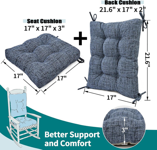 SINOSSO Rocking Chair Cushion Set with Thick Padding, Back Pillow & Seat Cushion with Ties, Modern Interwoven Style Indoor Living Room Rocker Chair Pads for Elderly Sitting, Blue