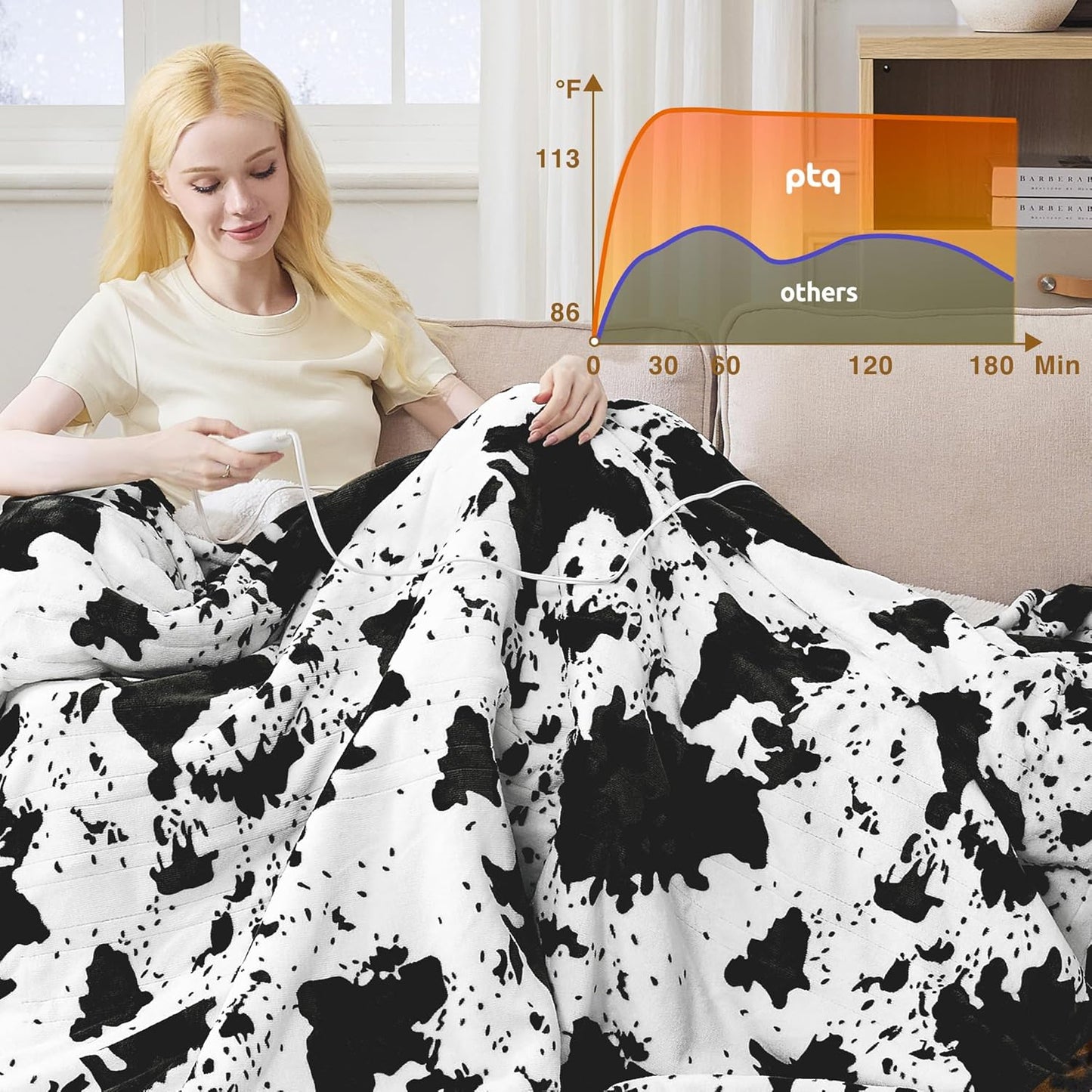 Black Cow Print Heated Throw Blanket 50"x60", Electric Blanket with 6 Heat Settings & 1-12H Timer, Cozy Soft Flannel Sherpa, Machine Washable, Warm Gift for Women