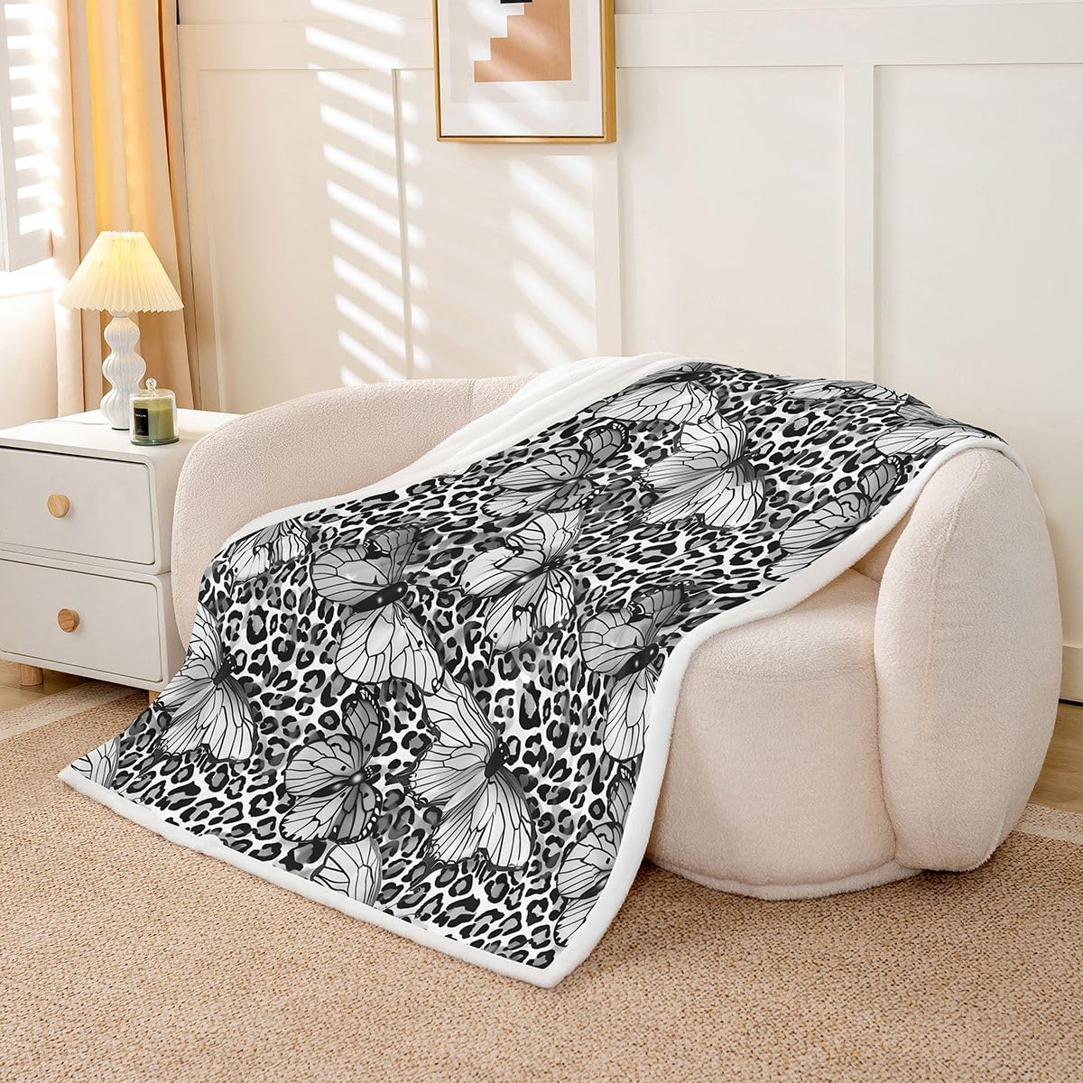 Feelyou Black Leopard Printed Sherpa Throw Blanket for Couch Butterfly Super Soft Cozy Fleece Animals Blanket for Winter, Plush Throw Baby 30"x40" All Season
