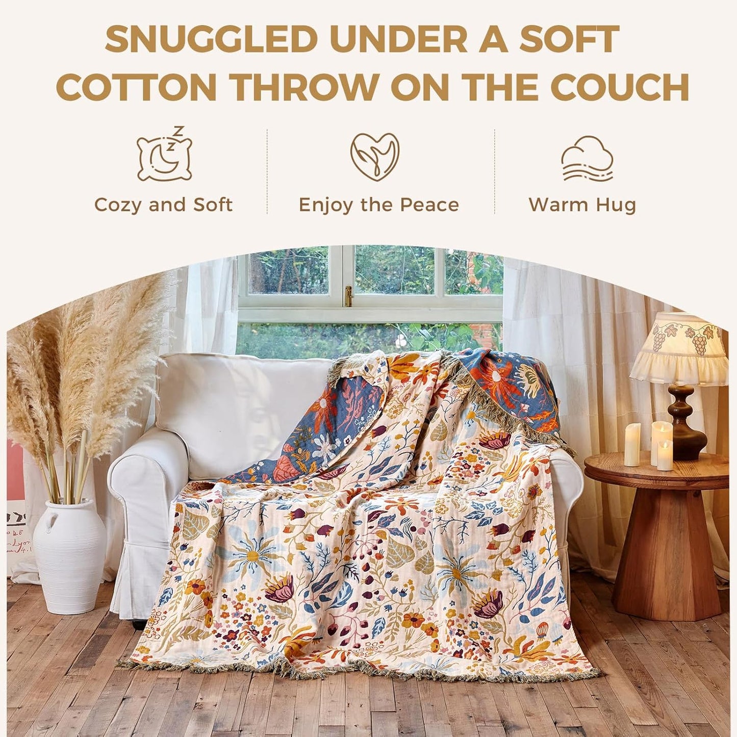 Boho Throw Blanket with Florals & Leaves Embroidery Reversible Lightweight Spring Cotton Gauze Throws for Couch,Bed,Sofa & Chair Decor - Bohemian Living Room Accent Gift 50"x60"