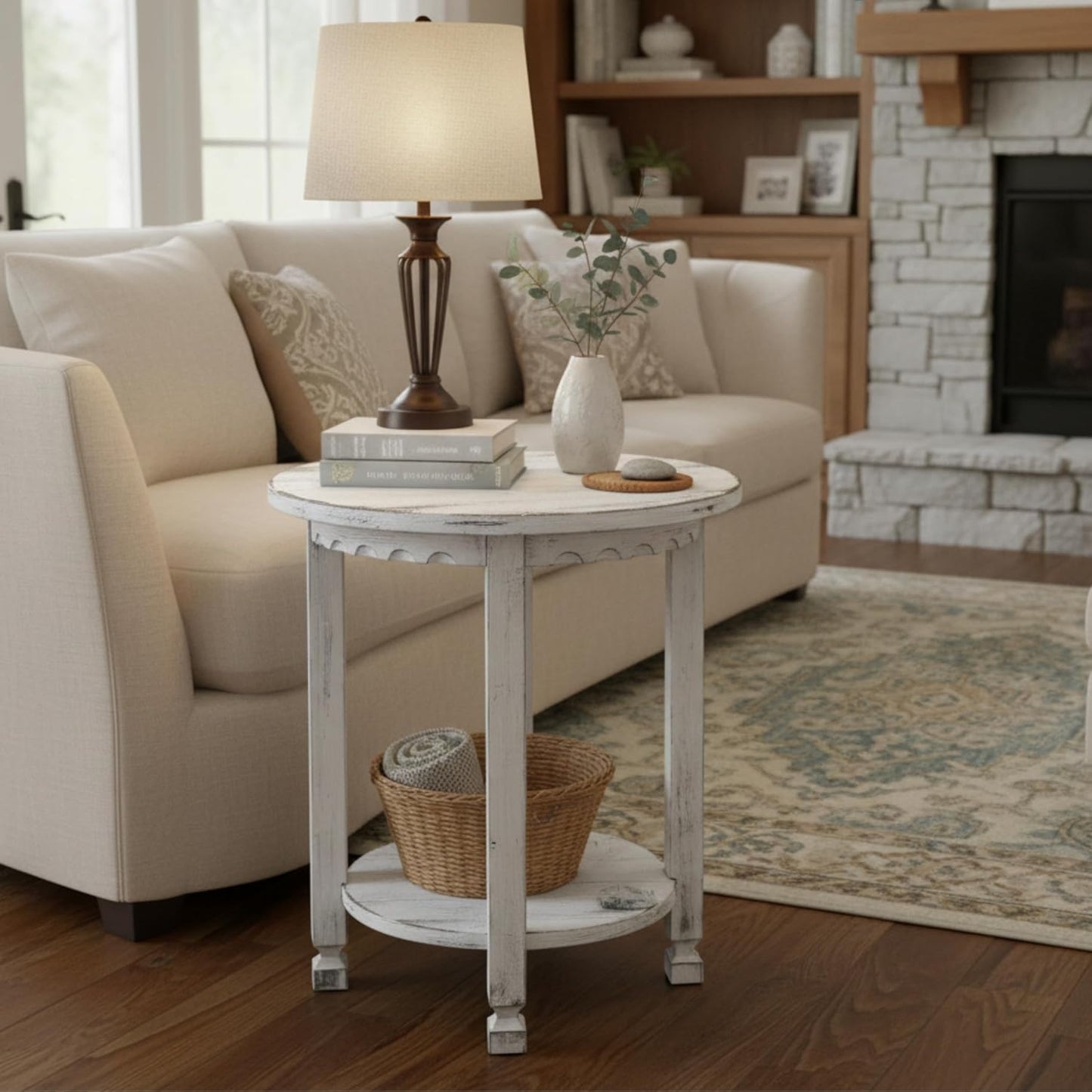 Alaterre Furniture Country Cottage Round End Table – 20” Rustic Farmhouse Side Table with Lower Shelf, Carved Edges & Square Turned Legs – Accent Table for Living Room or Bedroom (Antique White)