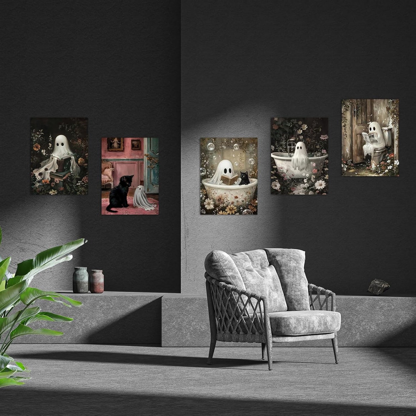 Vintage Ghost and Black Cat Wall Art Set of 6 Cute Gothic Halloween Poster Prints for Bathroom Bedroom Kids Room Spooky Reading Bathtub Ghost Picture Painting Unframed 12x16 Inch Wall Decor