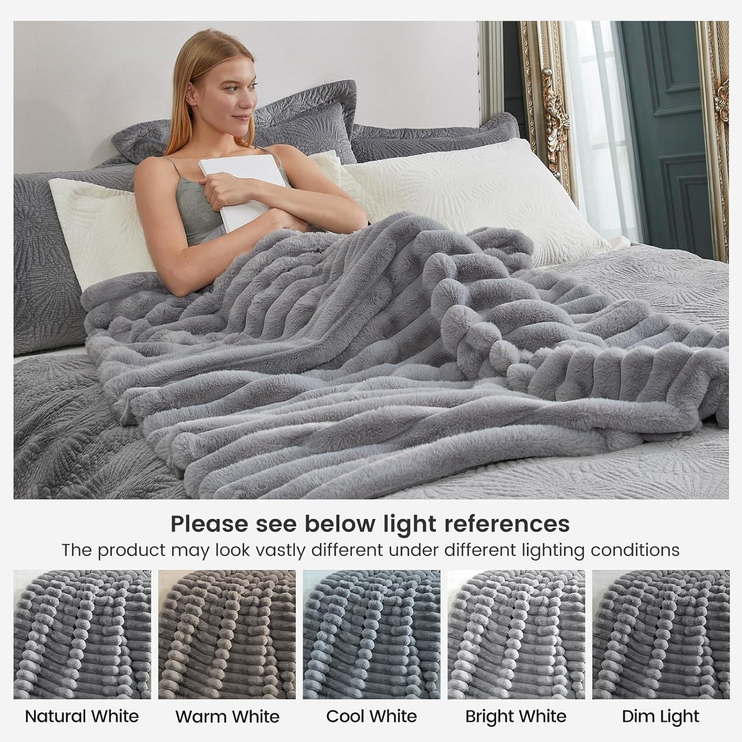 Cozy Bliss Faux Fur Throw Blanket for Couch, Cozy Warm Plush Striped Blanket for Sofa Bedroom Living Room, 50 * 60 Inches Gray