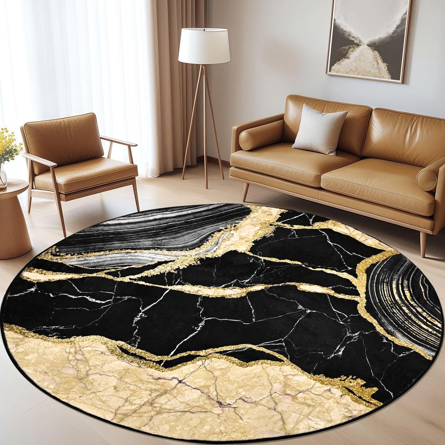 ASPMIZ Black and Gold Round Rug 4ft Washable Round Area Rug for Living Room, Faux Wool Marble Bedroom Rugs Non Slip, Soft Modern Floor Carpet Low Profile Rugs for Dining Room Home Office Decor