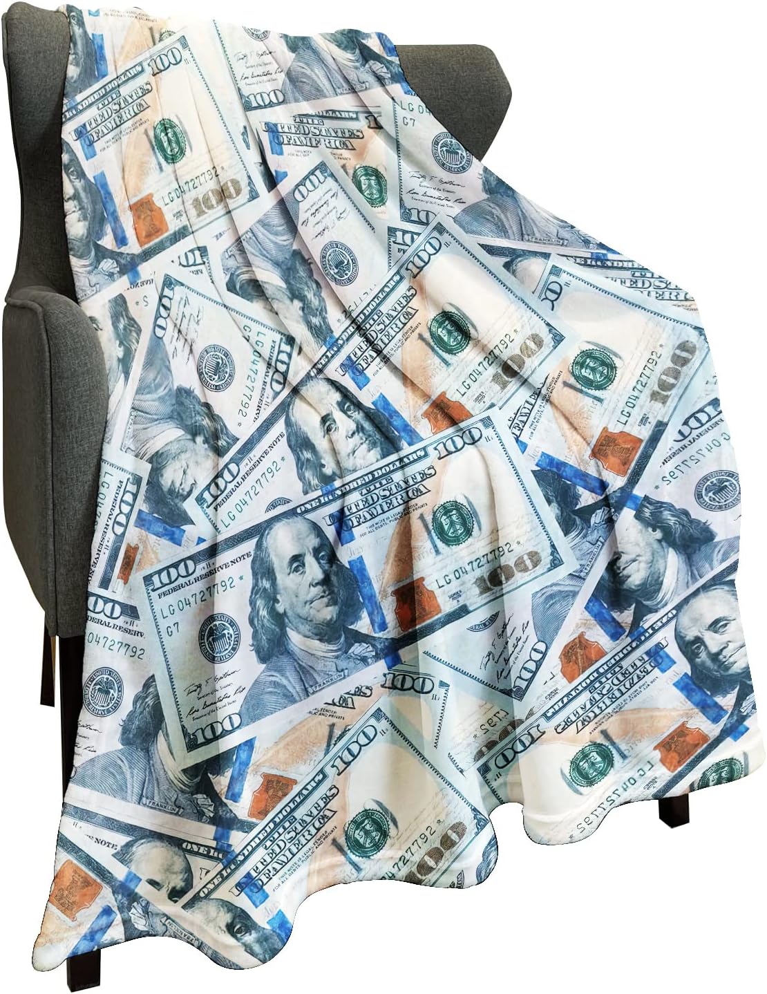 HommomH Fleece Blanket 60" x 80" Blue Funny 100 Dollar Bill Cash Us Cute Things Money Lightweight Fuzzy Cozy Soft Warm Throw for Men Women, Air Conditioning