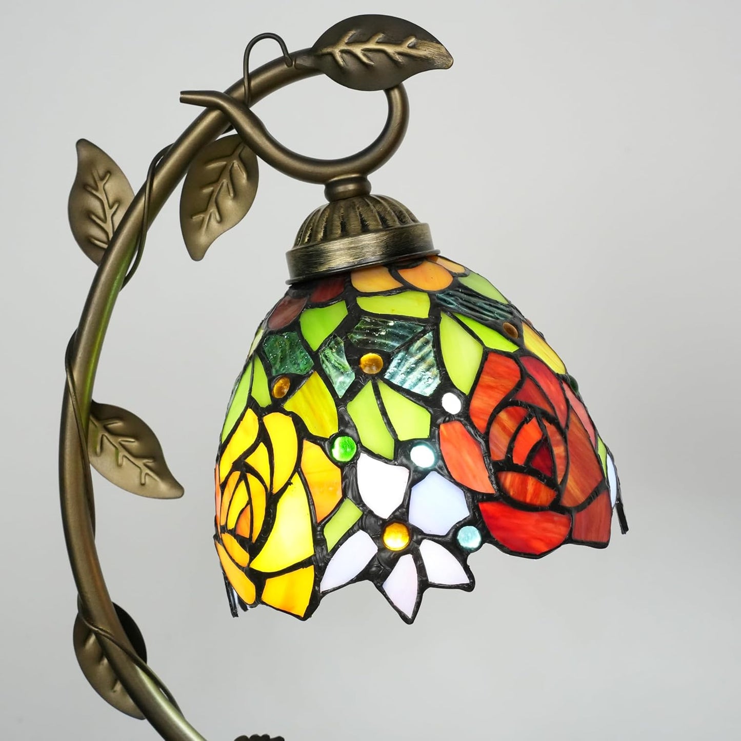 Skyblaze Tiffany Style Table Lamp with Metal Leaf, Stained Glass Desk Lamp, Vintage Night Light, Art Deco Reading Light with Handmade Lampshade for Nightstand Living Room (Rose)