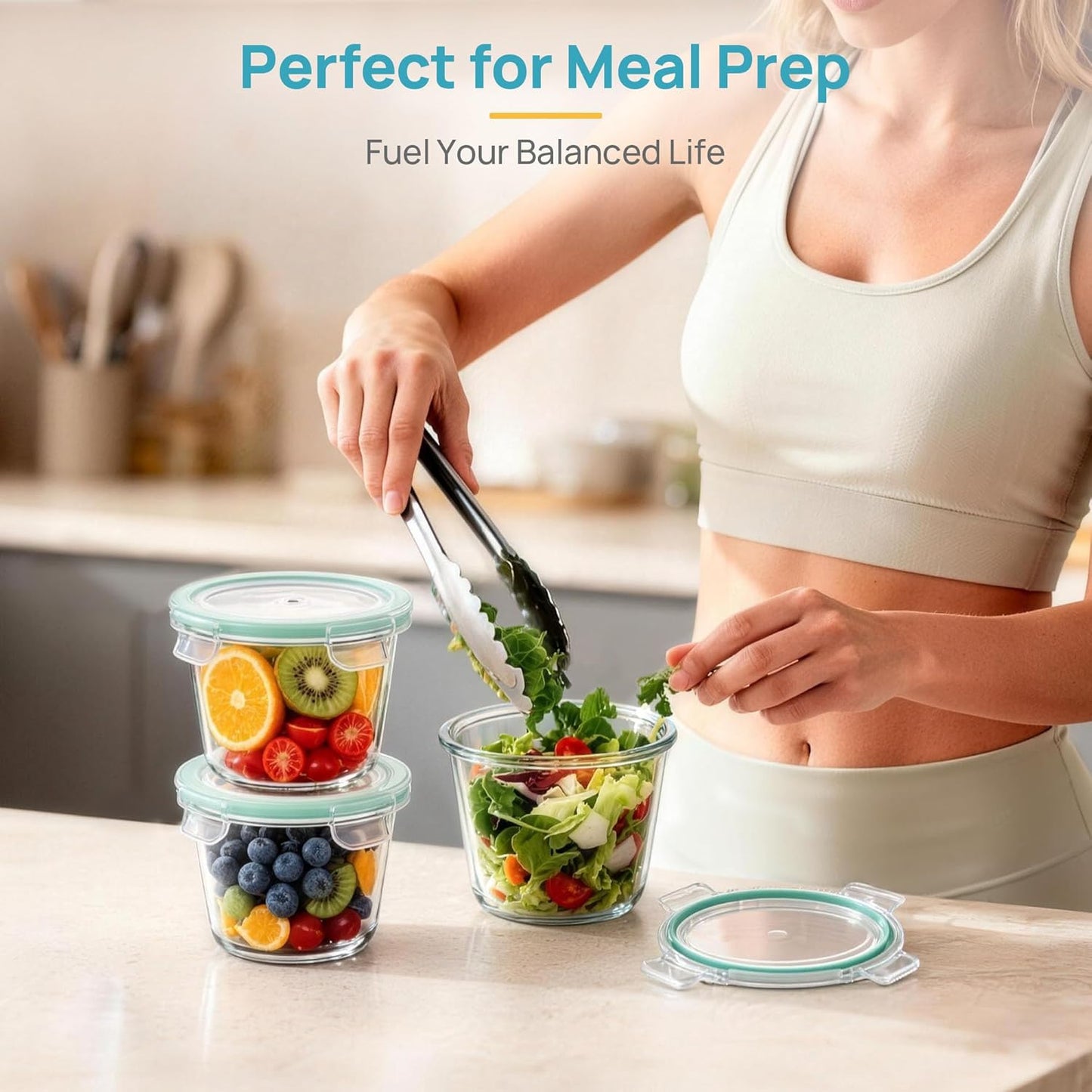 Vtopmart 5Pack 24oz Glass Storage Containers with Lids, Glass Meal Prep Food Container Sets with Snap Airtight Lids for Microwave, Oven, Freezer and Dishwasher, Green, Round