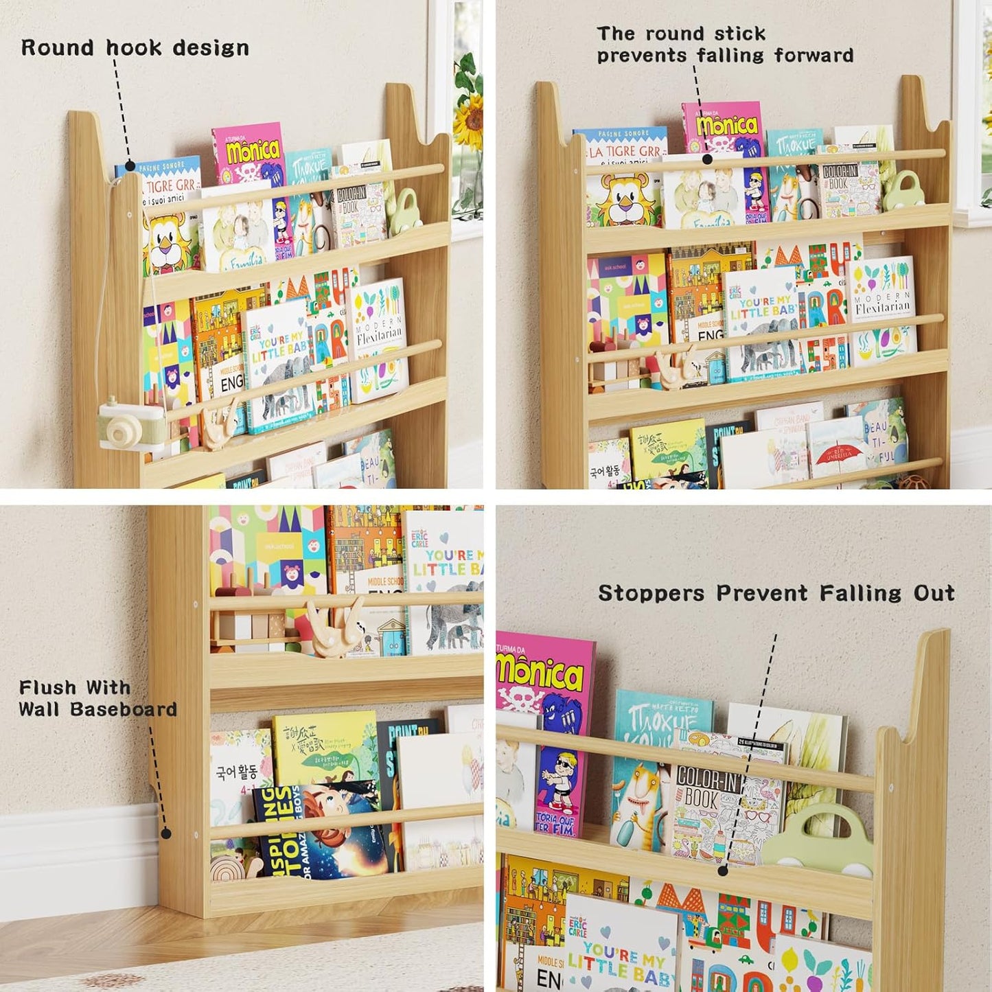 Lkeiyay Wooden Kids Bookshelf,Wall Mount 3-Tier Book Shelf Organizer for Toys and Books,Wall Book Shelves for Bedroom Kids (Natural)