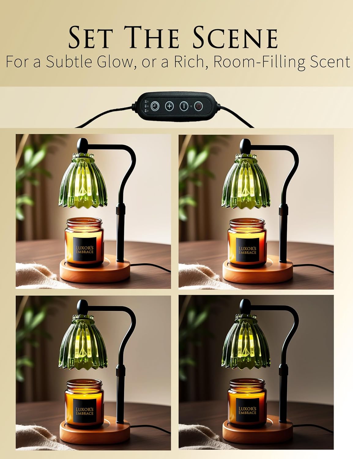 Green Candle Warmer Lamp with Timer - Wax Melt Warmer, Dimmable Electric Candle Lamp, Dark Academia Cottagecore Boho Decor, Adjustable Height, Genuine Wood Base, 2 Bulbs Included, Gift for Her