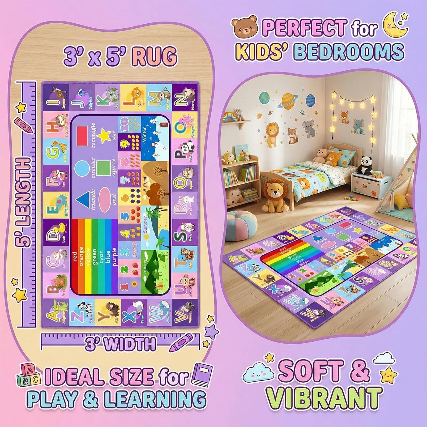 ABC Rugs for Kids Playroom, 3x5 Ft Educational Alphabet Rug with Numbers Animals Seasons Fruits, Non-Slip Washable Soft ABC Mat for Nursery Bedroom Boys Girls