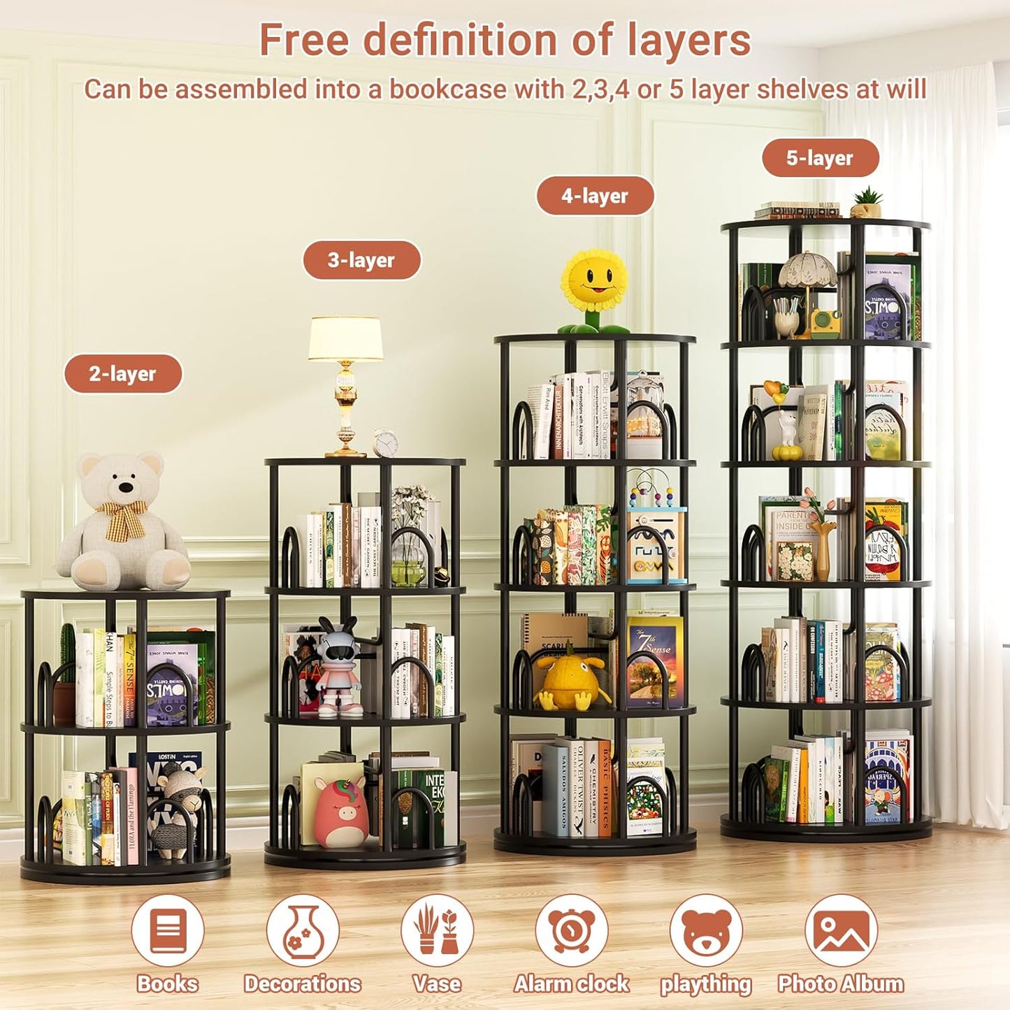 Aheaplus 5 Tier Rotating Bookshelf Tower, 360 Display Spinning Bookcase, Revolving Round Book Shelf Narrow Swivel Bookshelf, Vertical Turning Spiral Corner Book Organizer for Small Space, Black