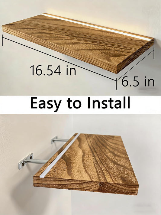 Floating Shelves for Wall Mounted Shelves with LED Lights Set of 2, Sturdy Rustic Wood Shelves Farmhouse Shelf Hanging for Bedroom, Bathroom, Living Room, Kitchen, Office