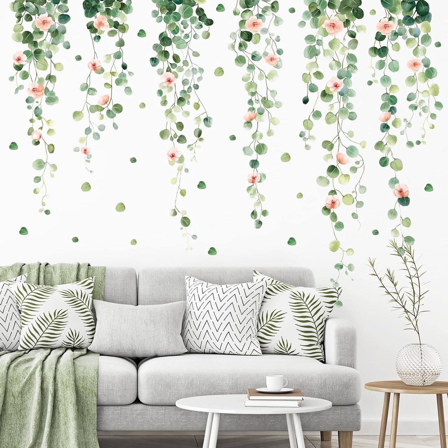 SHUCHING Green Hanging Vine Leaves Wall Sticker Peel and Stick, Vinyl Plants Wall Decal, Wall Decor Art for Living Room Bedroom Sofa TV Background