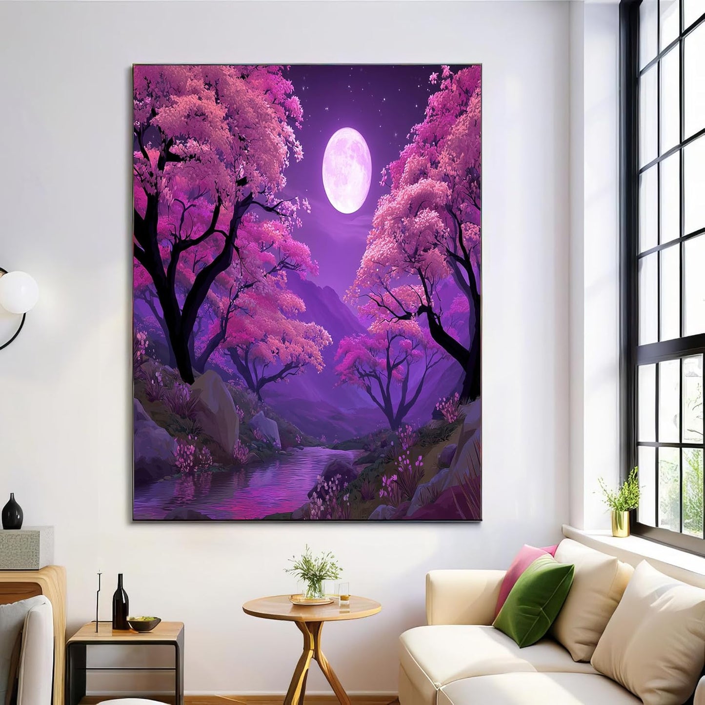 GDJSMIN Cartoon Scenery Wall Art, Purple Sky Cherry Blossom Trees Poster for Reading Room Living Room Decor 16x 24 inch Unframed