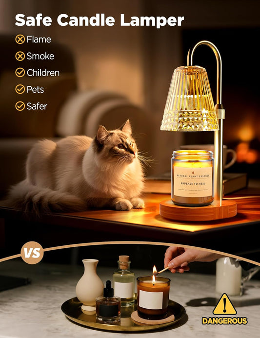 TATAANTY Candle Warmer Lamp with Timer Dimmable, Height-Adjustable Candle Warmer with 2 Bulbs, Melt Wax Warmer Lamp, House Warming Gifts New Home,Gifts for Women, Golden Glass Shade, Wood Base