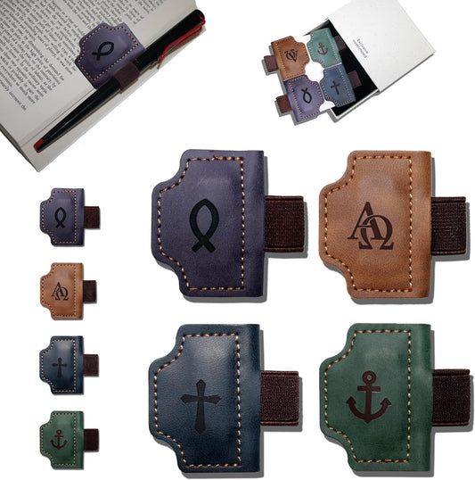 4 Pcs Personalized Magnetic Leather Bookmark Pen Holder Book Lovers Christian Gifts Bygone Mark for Reading, Purple-Jesus Fish + Brown-AΩ + Blue-Cross + Green-Anchor
