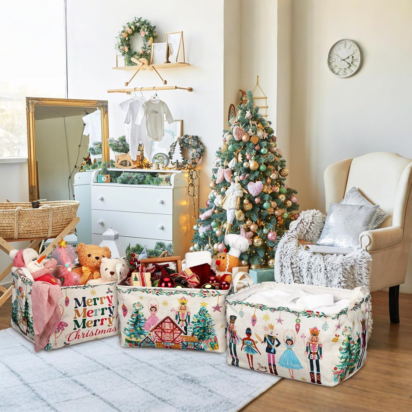 3 Pcs Christmas Nutcracker Baskets for Gifts Empty Christmas Tree Ballet Girl Soldier Storage Bin with Handle Fabric Storage Container Cube Box for Home Office Dorm Closet Shelf Organizer