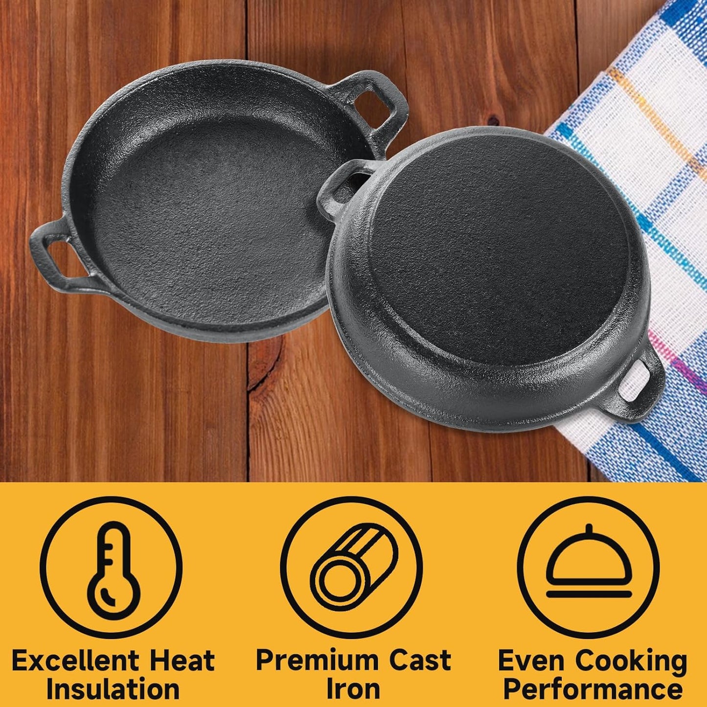 2 Pack Mini Cast Iron Skillet, 7 x 7 x 1.7 Inch Small Cast Iron Frying Pan with Handle, Pre-Seasoned Cast Iron Skillet Set, Black Casserole Dish for Kitchen, Indoor, Outdoor, Picnic