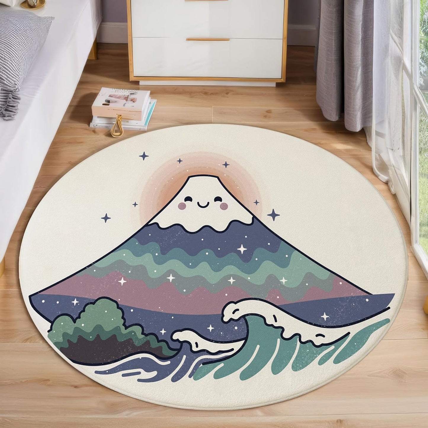 Washable Cute Smiley Face Mount Fuji Area Rug, 5Ft Round Rugs for Living Room Soft Carpet for Bedroom Cartoon Waves Indoor Stain Resistant Non-Shedding Floor Carpet, Beige Blue, 5Ft-Round