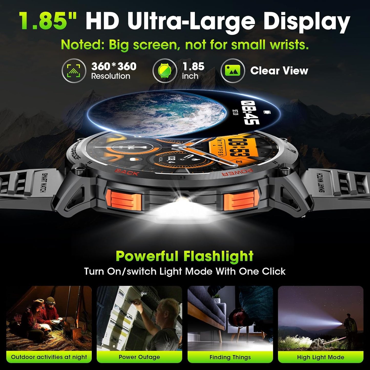 Military Smart Watches for Men, 1.85" HD Large Screen Smart Watch, Flashlight/730mAh/110+ Sports Modes Fitness Tracker Watch, Waterproof Mens Smart Watch for Android Phones iPhone Compatible