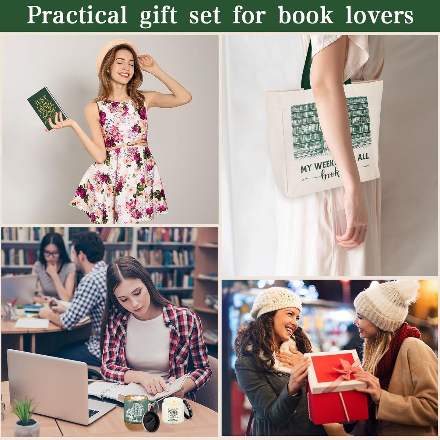 Moinchore Set of 5 Book Lovers Gifts for Reader Canvas Tote Bag Journal Notebook and Ballpoint Pen Ceramic Coffee Mug with Cork Bottom Scented Candle for Teen Teacher Librarian Bookish Author (Green)