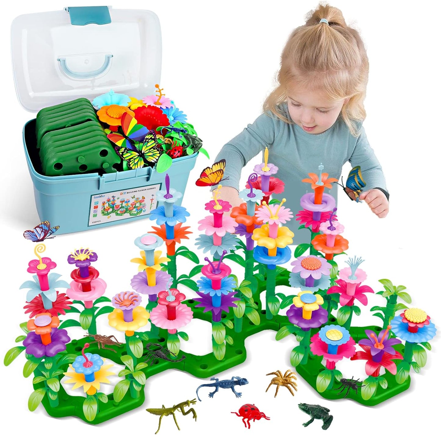 Birthday Toys Gifts for 2 3 4 5 6 Years Old Toddler Girls Boys, 156 PCS Insect Flower Garden Building Educational STEM Pretend Play Gardening Set,Easter Basket Stuffers Gifts for Preschool Kids Age 2+