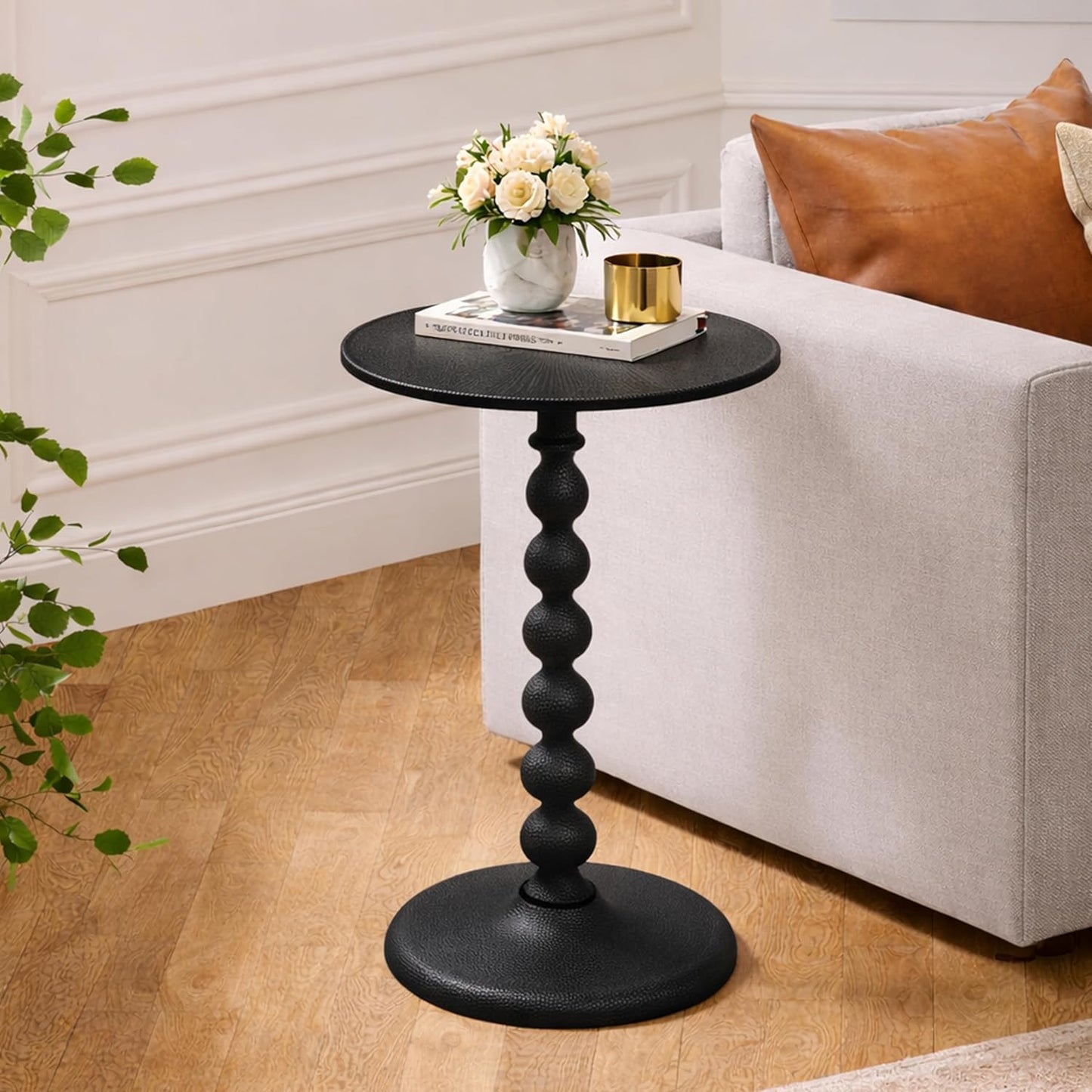 CLEENTABLE Round Metal Accent End Table – Modern Black Bedside Side Table with Hammered Top for Living Room, Bedroom, Balcony & Small Spaces, Easy Assembly Minimalist Design, 21" (Black)
