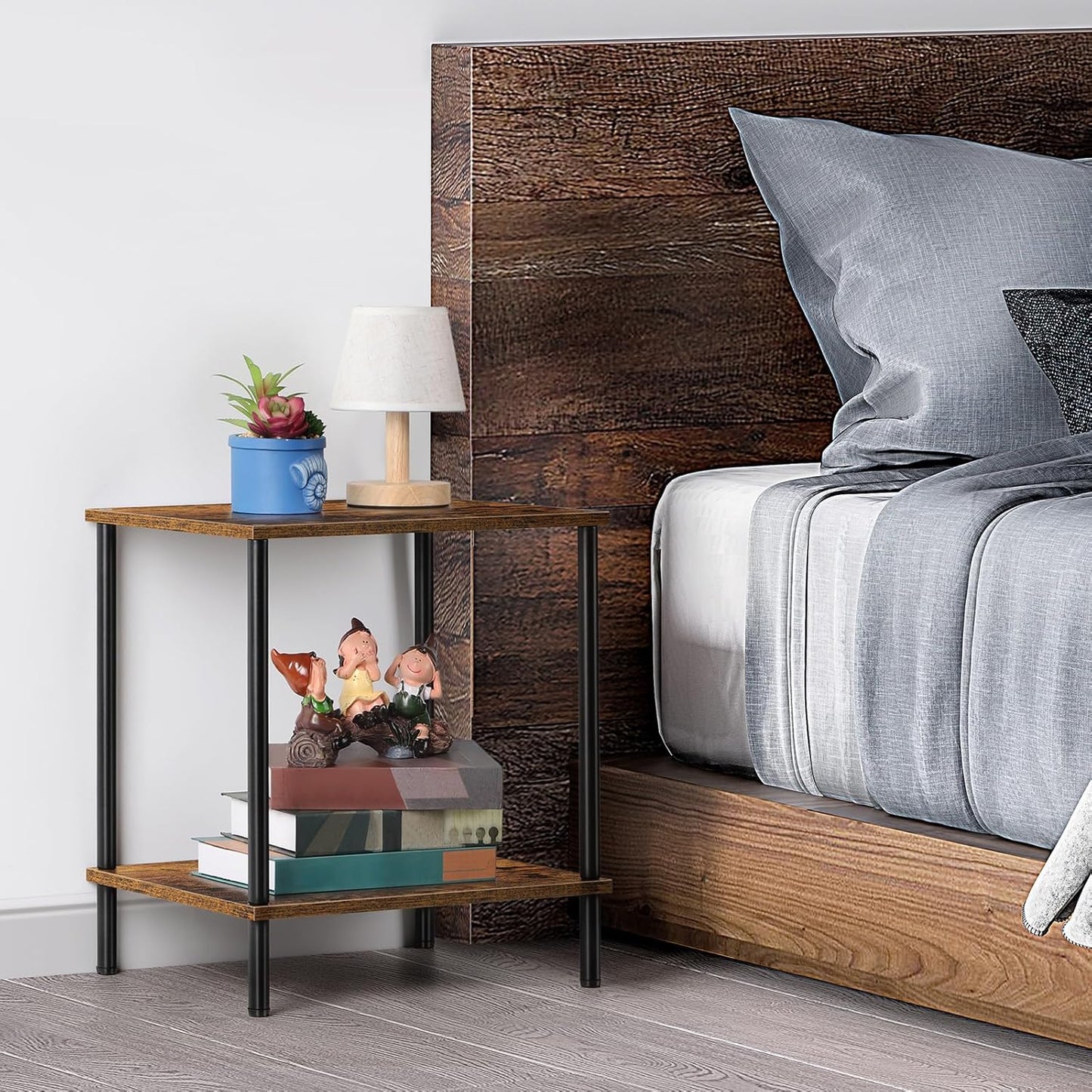 Small End Table 2 Tier Wood Metal Rustic Side Table Living Room with Storage Shelf Narrow Bedside Table for Small Spaces Bedroom Office, Brown