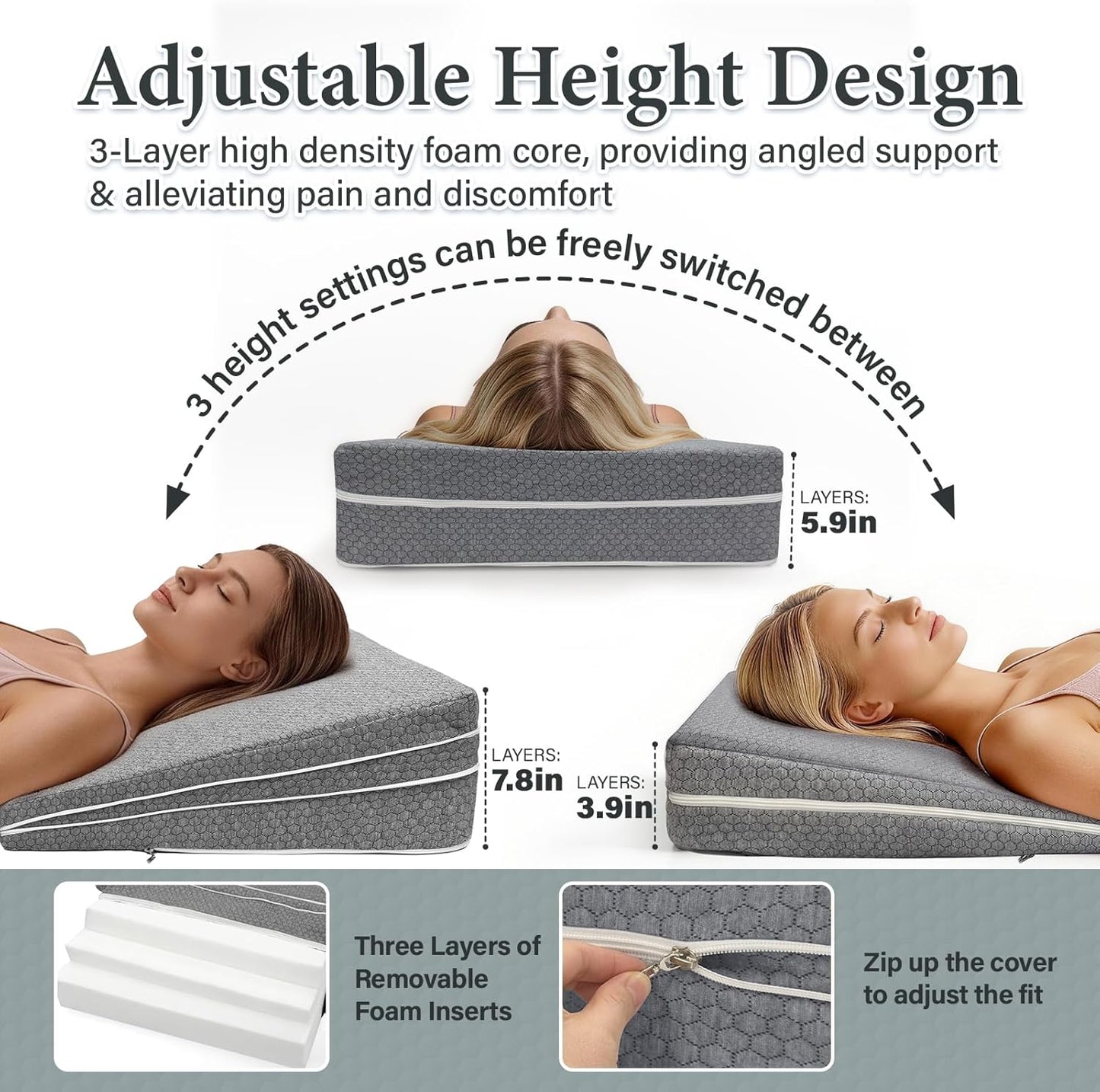 Bed Wedge Pillow for Sleeping, Adjustable Ergonomic Elevated Pillow for Sleep Apnea Acid Reflux GERD Snoring After Surgery Recovery Pregnancy, Leg/Neck/Back Pain (Grey)