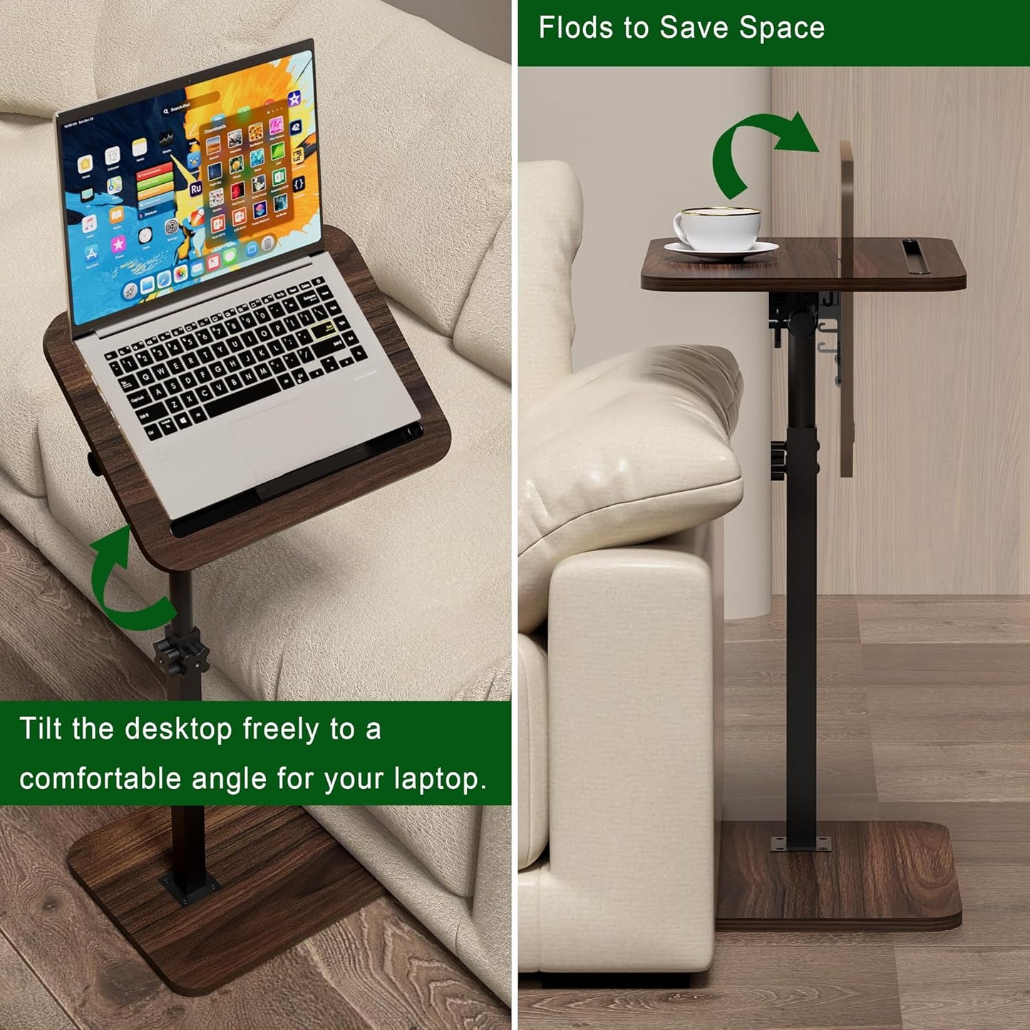 Side Table Sofa Tray for Couch - 360° Swivel Adjustable Height Rotating Sofa Table C Table End Table Laptop Desk with Phone & Tablet Slot, Perfect for Eating Working Reading, Fits Small Spaces