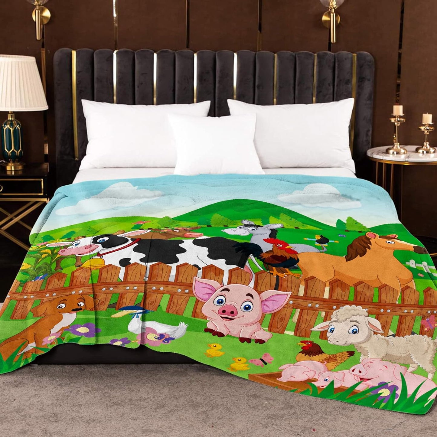 Farm Animal Throw Blanket, Cute Farm Animal Blanket for Kids, Soft Cozy Flannel Farm Dog Pig Lamb Hen Horse Cow Blankets, Fluffy Fleece Cartoon Animal Blanket for Teenagers Girl Boy Gifts, 50x60 Inch