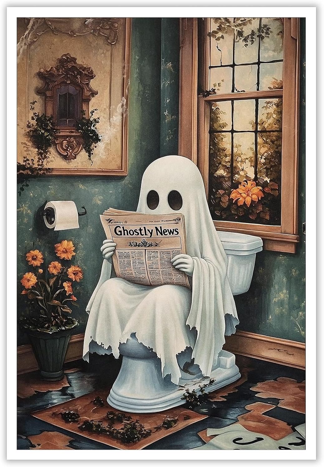 Halloweenn Ghost Reading Newspaper Bathroom Wall Art Funny Ghost On Toilet Posters Spooky Dark Academia Gothic Canvas Print Vintage Whimsical Horror Wall Decor for Apartment Dorm 12x16in Unframed