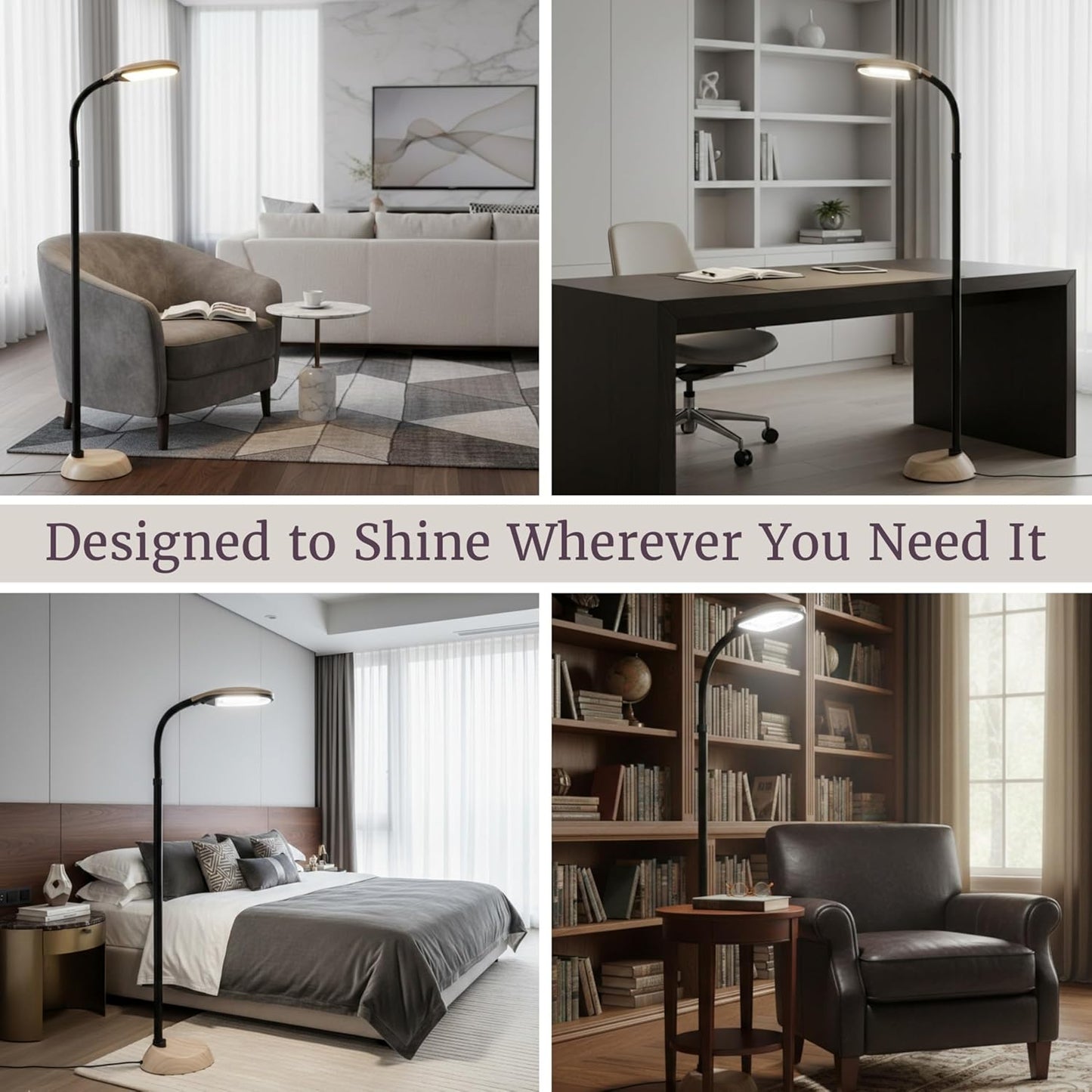 Lavish Home Adjustable Floor Lamp for Bedroom with Bendable Neck - Full Spectrum Natural Sunlight Lamp for Office and Living Room - Reading, Craft, and Esthetician Light (Light Woodgrain)