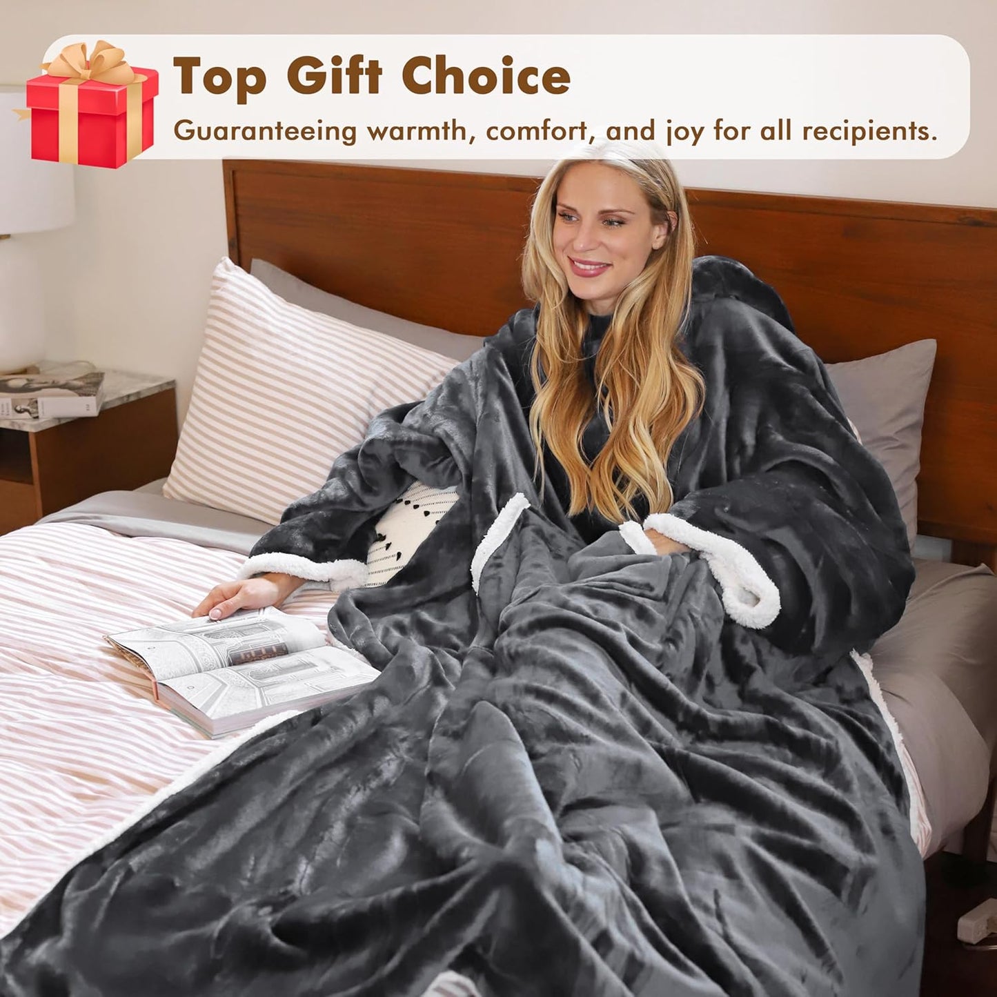Tirrinia Hooded Wearable Blanket with Sleeves, Full Body Throw Reading Wrap TV Blankets, Cozy Flannel Blanket Robe, Snuggle Gift for Adult Women Men Mom Grandma