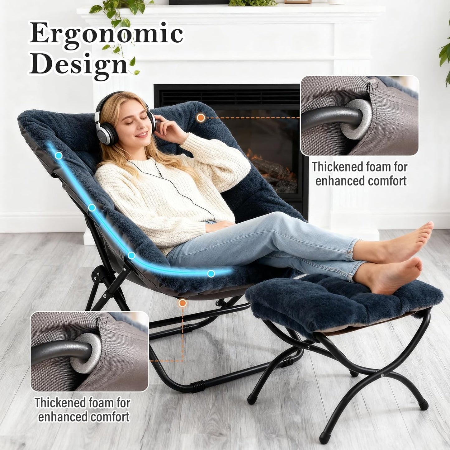 Saucer Chair with Ottoman, Comfy Doorm Chairs, Oversized Folding Faux Fur Chair, Foldable Metal Frame Chair for Bedroom, Living Room(Navy Blue)