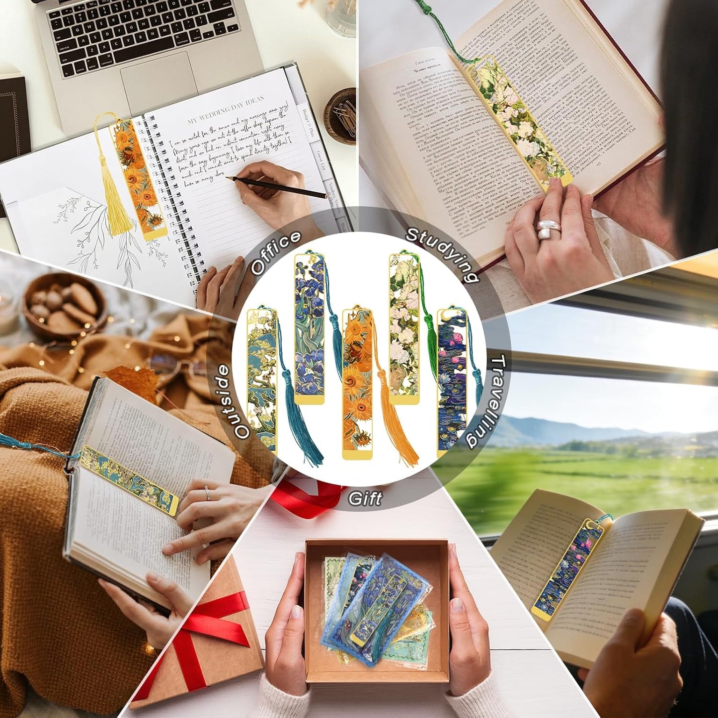 5 Pcs Metal Bookmarks with Tassel, Oil Painting Flowers Theme Exquisite Bookmarks, Book Accessories Gifts for Book Lovers Writers Readers Children Teens Men Women Adults (Flowers-5pcs)