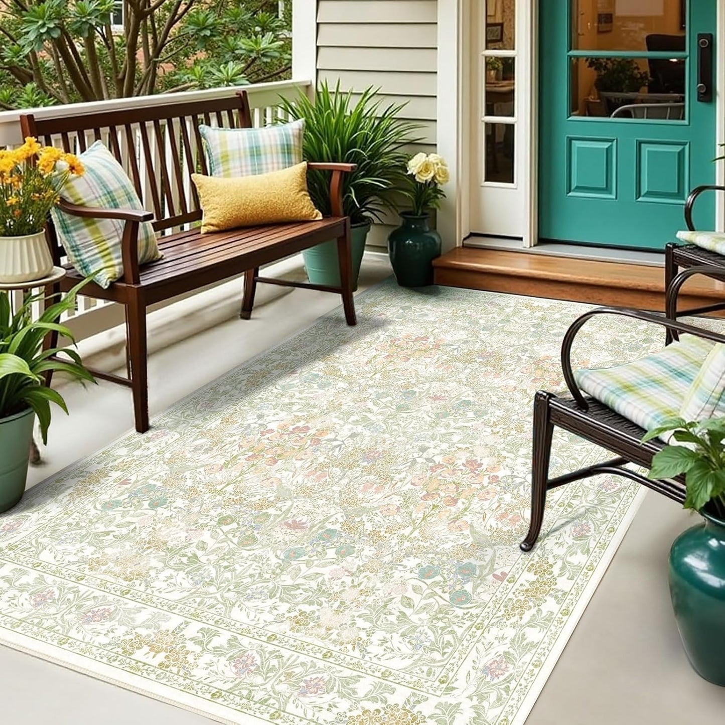 Boho Sage Green Bedside 3x5 Washable Rug for Bedroom, Thin Botanical Vintage Area Rug for Large Entry, Dorm, Kitchen, Foyer, Mudroom, Laundry - Cottage Core Low Pile Non Slip Indoor Front Door Carpet